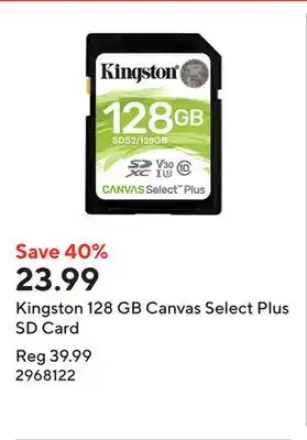 Staples Kingston 128 GB Canvas Select Plus SD Card offer