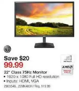 Staples 22''Class 75Hz Monitor offer