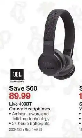 Staples Live 400BT On-ear Headphones offer