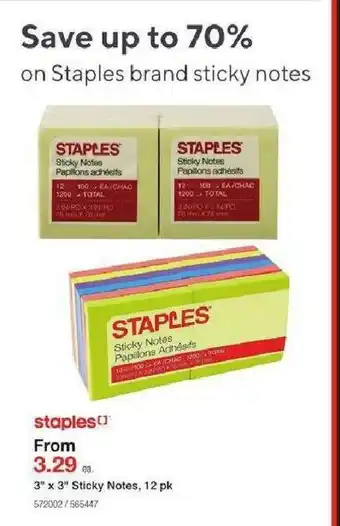 Staples 3" x 3" Sticky Notes, 12Pk offer