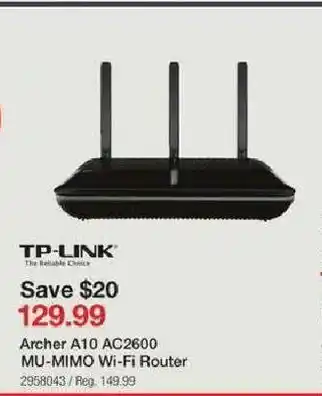 Staples Archer A10 AC2600 Mu-Mimo Wi-Fi Router offer