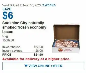 Costco Sunshine City naturally smoked frozen economy bacon offer