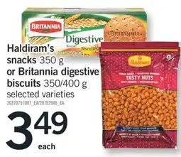 Fortinos HALDIRAM'S SNACKS 350 G OR BRITANNIA DIGESTIVE BISCUITS 350/400 G offer