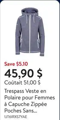 Walmart Trespass Veste en Polaire pour Femmes à Capuche Zippée Poches Sans Racine offer