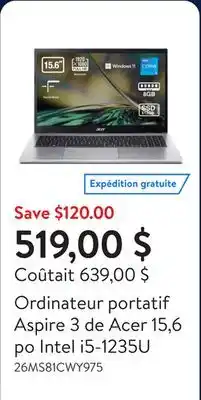 Walmart Ordinateur portatif Aspire 3 de Acer 15,6 po Intel i5-1235U offer