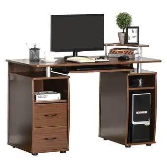 Best Buy HOMCOM Computer Office Desk PC Table Workstation with Keyboard Tray, CPU Shelf, Drawers, Sliding Scanner Shelf, Walnut Brown offer