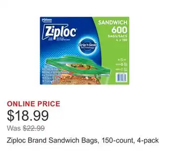 Costco Ziploc Brand Sandwich Bags, 150-count, 4-pack offer