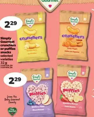 Real Canadian Superstore SIMPLY GOURMET CRUNCHERS OR PUFFIES SNACKS, 32 G offer