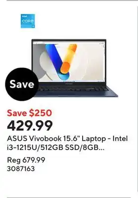 Staples ASUS Vivobook 15.6 Laptop - Intel i3-1215U/512GB SSD/8GB RAM/Windows 11 Home offer