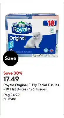 Staples Royale Original 2-Ply Facial Tissues - 18 Flat Boxes - 126 Tissues per Box offer