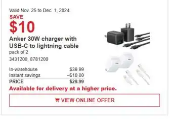 Costco Anker 30W charger with USB-2 to lightning cable offer