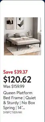 Walmart Queen Platform Bed Frame | Quiet & Sturdy | No Box Spring | 14 Mattress Foundation offer