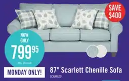 The Brick Canadian Made Scarlett 87 Marine Blue Chenille Fabric Sofa with Rolled Arms and Four Accent Pillows offer