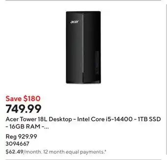 Staples Acer Tower 18L Desktop - Intel Core i5-14400 - 1TB SSD - 16GB RAM - Windows 11 offer