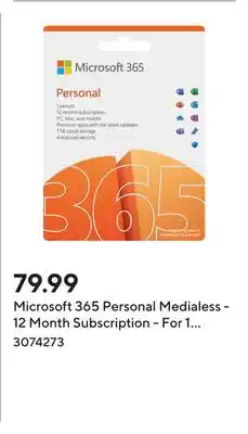 Staples Microsoft 365 Personal Medialess - 12 Month Subscription - For 1 User - English offer