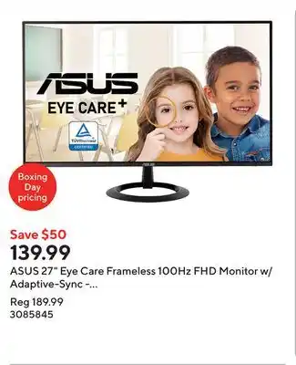 Staples ASUS 27 Eye Care Frameless 100Hz FHD Monitor w/ Adaptive-Sync - VZ27EHF offer