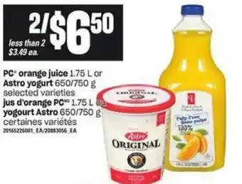 Loblaws PC orange juice astro yogurt offer