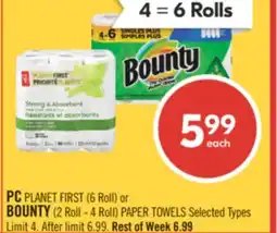 Shoppers Drug Mart PC PLANET FIRST (6 Roll) or BOUNTY (2 Roll - 4 Roll) PAPER TOWELS offer