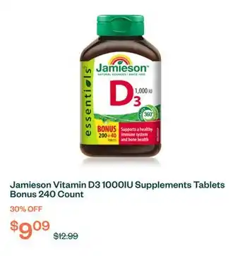 Voilà Jamieson Vitamin D3 1000IU Supplements Tablets Bonus 240 Count offer