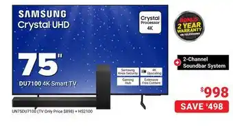 Visions Electronics SAMSUNG DU7100 4K Smart TV 75 + 2-Channel Soundbar System offer