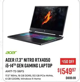 Canex ACER 17.3 NITRO RTX4050 i5-14TH GEN GAMING LAPTOP offer