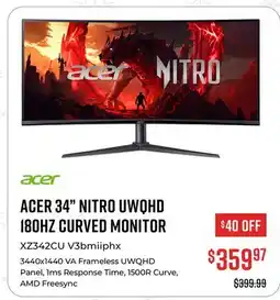 Canex ACER 34 NITRO UWQHD 180HZ CURVED MONITOR offer