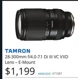 Vistek Tamron 28-300mm f/4.0-7.1 Di III VC VXD Lens – E-Mount offer