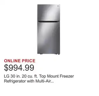 Costco LG 30 in. 20 cu. ft. Top Mount Freezer Refrigerator with Multi-Air Flow Cooling offer