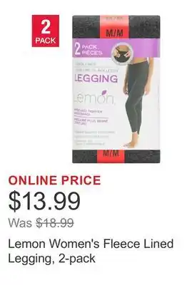 Costco Lemon Women's Fleece Lined Legging, 2-pack offer