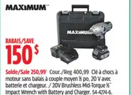 Canadian Tire MAXIMUM 20V Brushless Mid-Torque 1⁄2 Impact Wrench with Battery and Charger offer