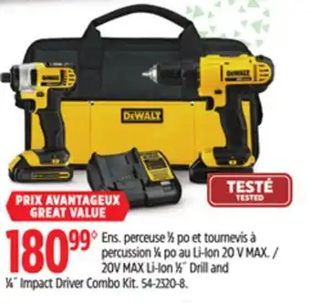 Canadian Tire DEWALT 20V MAX Li-Ion 1⁄2˝ Drill and 1⁄4˝ Impact Driver Combo Kit offer