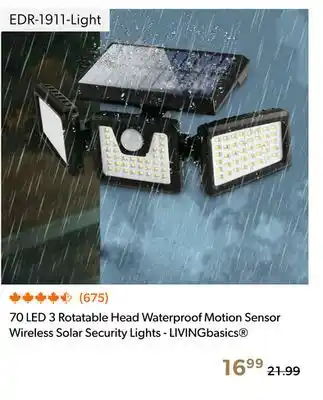 Shopper+ 70 LED 3 Rotatable Head Waterproof Motion Sensor Wireless Solar Security Lights - LIVINGbasics offer