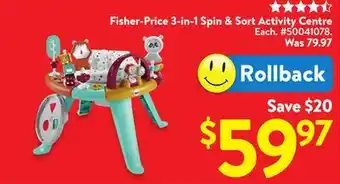 Walmart Fisher-Price 3-in-1 Spin & Sort Activity Centre offer