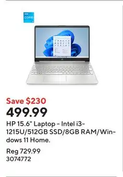 Staples HP 15.6 Laptop - Intel i3-1215U/512GB SSD/8GB RAM/Windows 11 Home offer