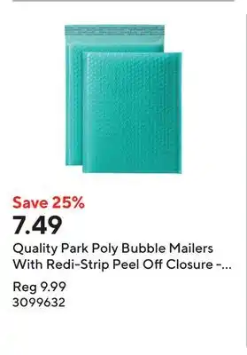Staples Quality Park Poly Bubble Mailers With Redi-Strip Peel Off Closure - 11 L x 8.25 W - Teal - 8 Pack offer