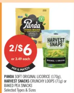 Shoppers Drug Mart PANDA SOFT ORIGINAL LICORICE (170 g), HARVEST SNACKS CRUNCHY LOOPS (71 g) or BAKED PEA SNACKS offer