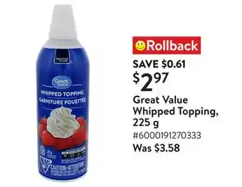 Walmart Great Value Whipped Topping, 225 g offer