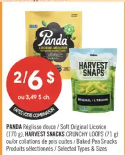 Pharmaprix PANDA Soft Original Licorice (170 g), HARVEST SNACKS CRUNCHY LOOPS (71 g) or Baked Pea Snacks offer