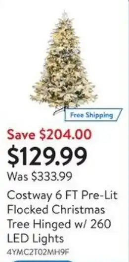 Walmart Costway 6 FT Pre-Lit Flocked Christmas Tree Hinged w/ 260 LED Lights offer