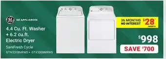 Visions Electronics GE 4.4 Cu. Ft. Washer + 6.2 cu. ft. Electric Dryer offer