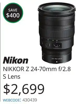 Vistek Nikon NIKKOR Z 24-70mm f/2.8 S Lens offer