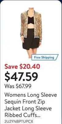 Walmart Womens Long Sleeve Sequin Front Zip Jacket Long Sleeve Ribbed Cuffs Outerwear Tops offer