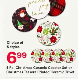 Kitchen Stuff Plus 4 Pc. Christmas Ceramic Coaster Set or Christmas Tessera Printed Ceramic Trivet offer