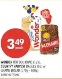 Shoppers Drug Mart Wonder hot dog buns, country harvest bagels or grains bread offer