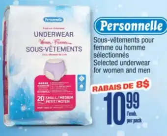 Jean Coutu PERSONNELLE Selected underwear for women and men offer