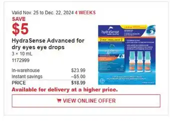 Costco HydraSense Advanced for dry eyes drops offer