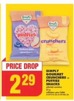 No Frills SIMPLY GOURMET CRUNCHERS or PUFFIES SNACKS, 32 g offer