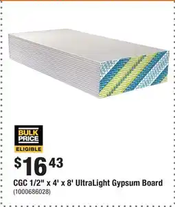 Home Depot CGC 1/2 x 4' x 8' UltraLight Gypsum Board offer