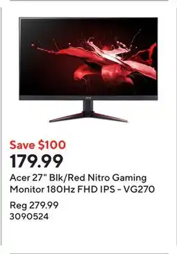 Staples Acer 27 Blk/Red Nitro Gaming Monitor 180Hz FHD IPS - VG270 offer