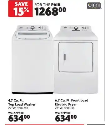 Home Hardware 4.7 Cu. Ft. Top Load Washer and 6.7 Cu. Ft. Front Load Electric Dryer offer